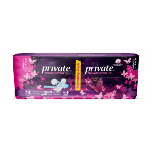 PRIVATE NATURAL COTTON EXTRA THIN NIGHT BREATHABLE FEMININE PADS — 14 FEMININE PADS WITH WINGS